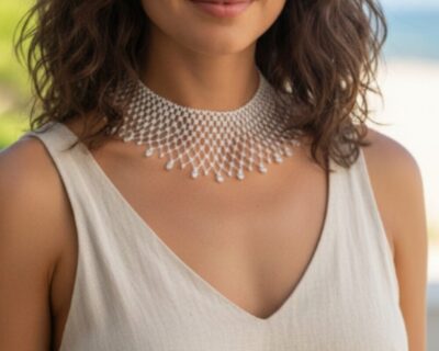 Exkluzívny ručne šitý krajkový náhrdelník v bielej farbe