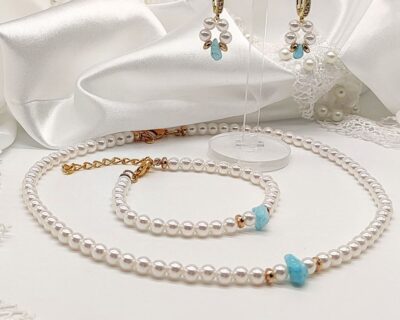 Náramok náhrdelník a náušnice zo sklenených perál a Aquamarínu