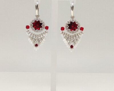 Šité kryštálové náušnice v bielo červenej farbe Striebro Ag925